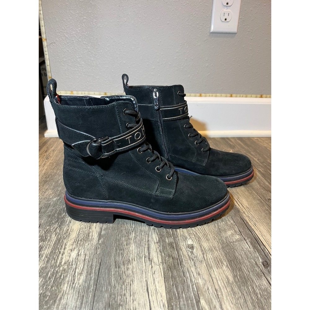 Tommy Hilfiger Black Suede Combat Boots Women's 9 Moto Lace-Up Zipper Ankle - Picture 3 of 8